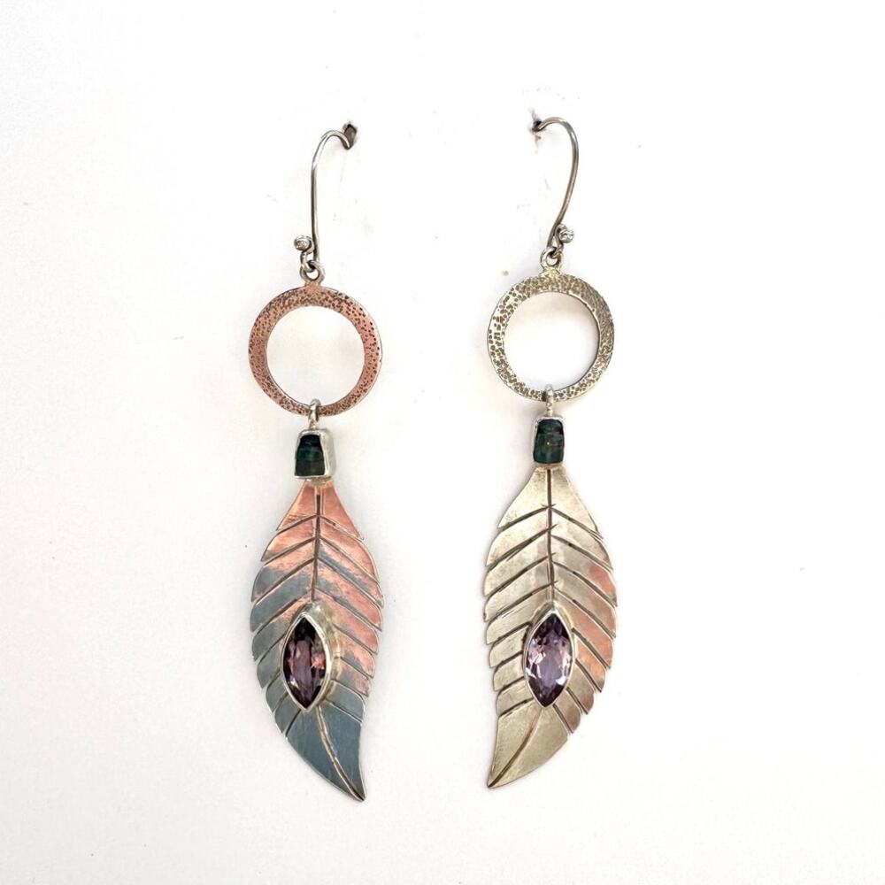 Aquamarine Amethyst Feather Carved Sterling 925 Silver Earrings 3.5 inch